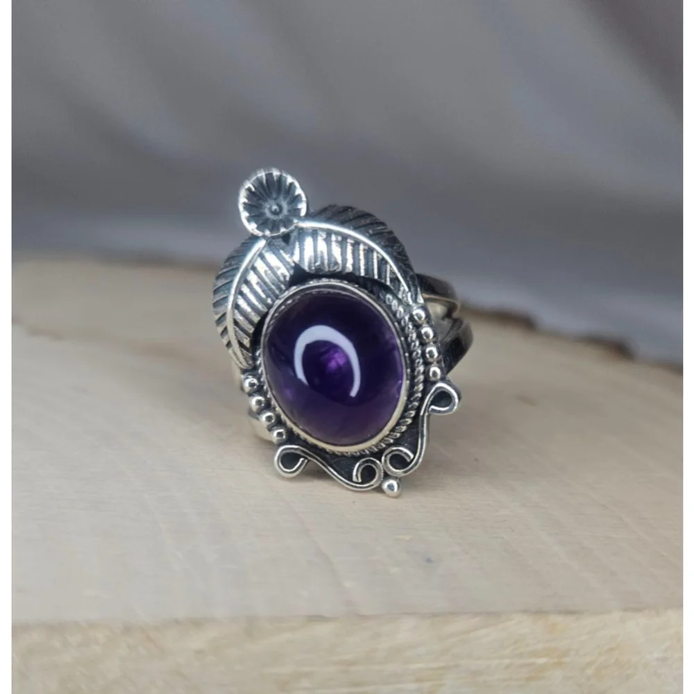 Natural Dark Brazilian Amethyst Sterling Silver Ring 6.5 Cts Artisan Statement
